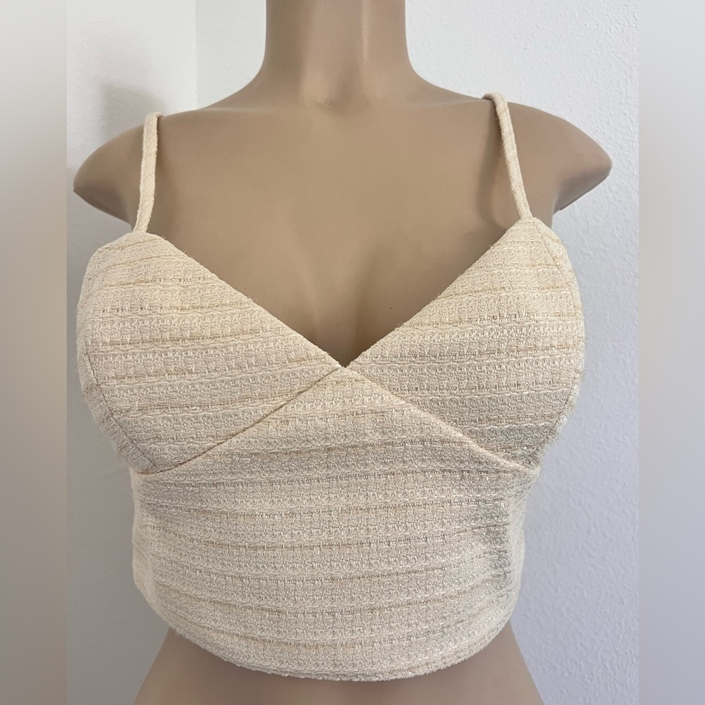 Anthropologie En Saison Tweed Crop Top Beige Textured Bustier Cami | NWT